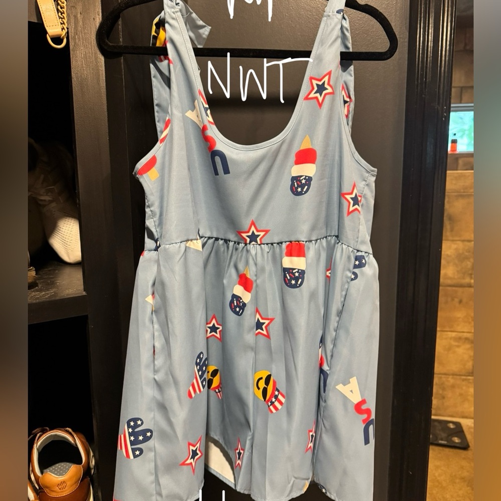 Blue Sleeveless Dress with Patriotic Print